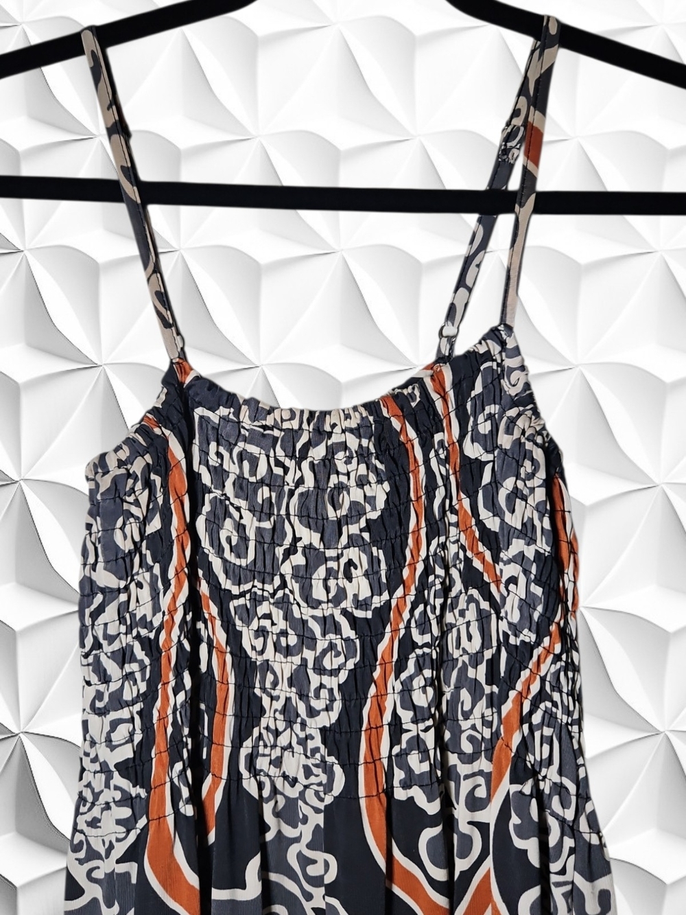 Abstract Scroll Print Smocked Maxi Dress Spaghetti Strap Black Orange Cream